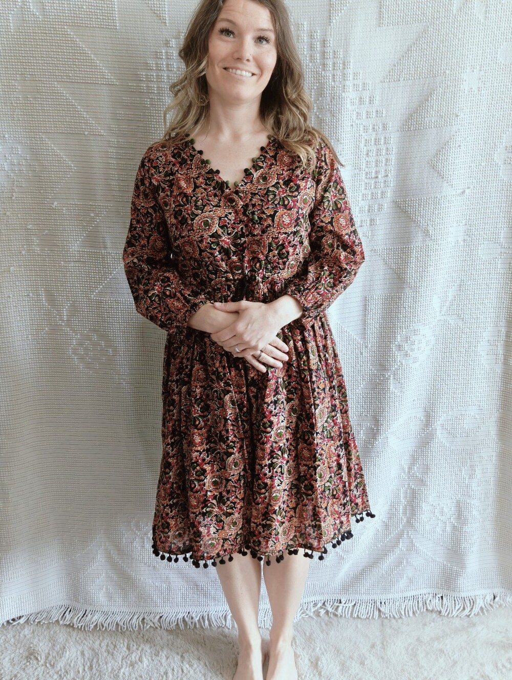 Boutique Floral Mini Dress | Long Sleeve Pom Pom Trim Tassel Boho Size | Small S